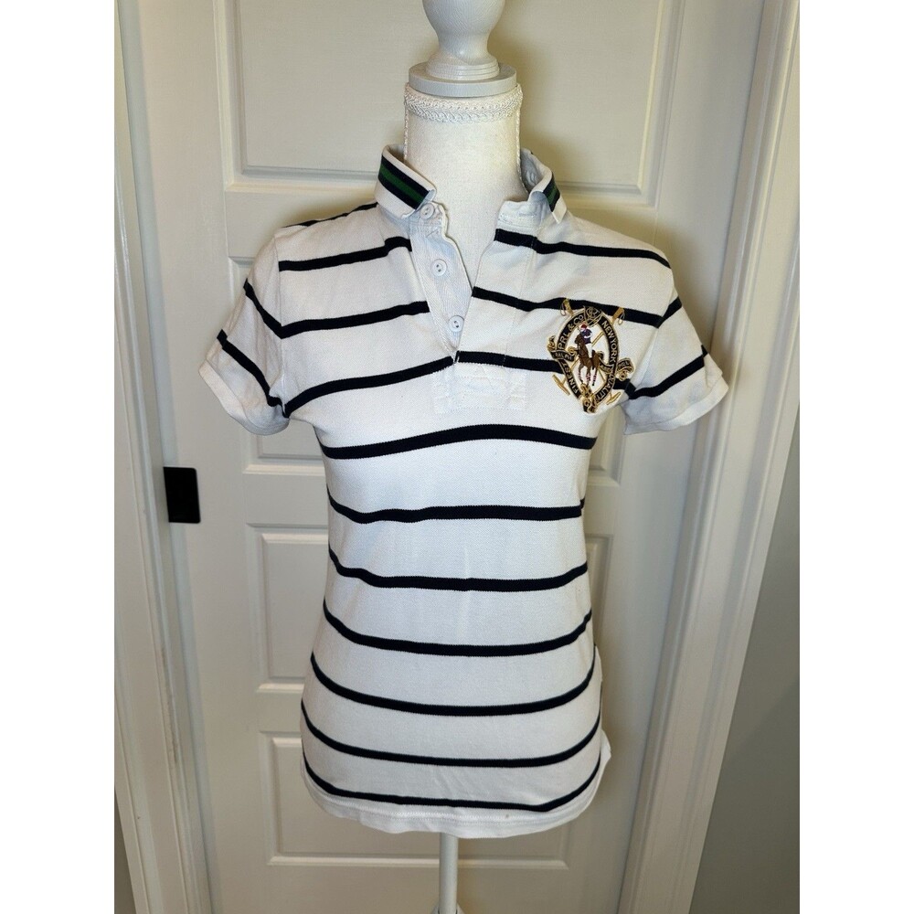 Ralph Lauren Women Striped Polo White Navy Blue Crest Logo Medium Retro Y2K